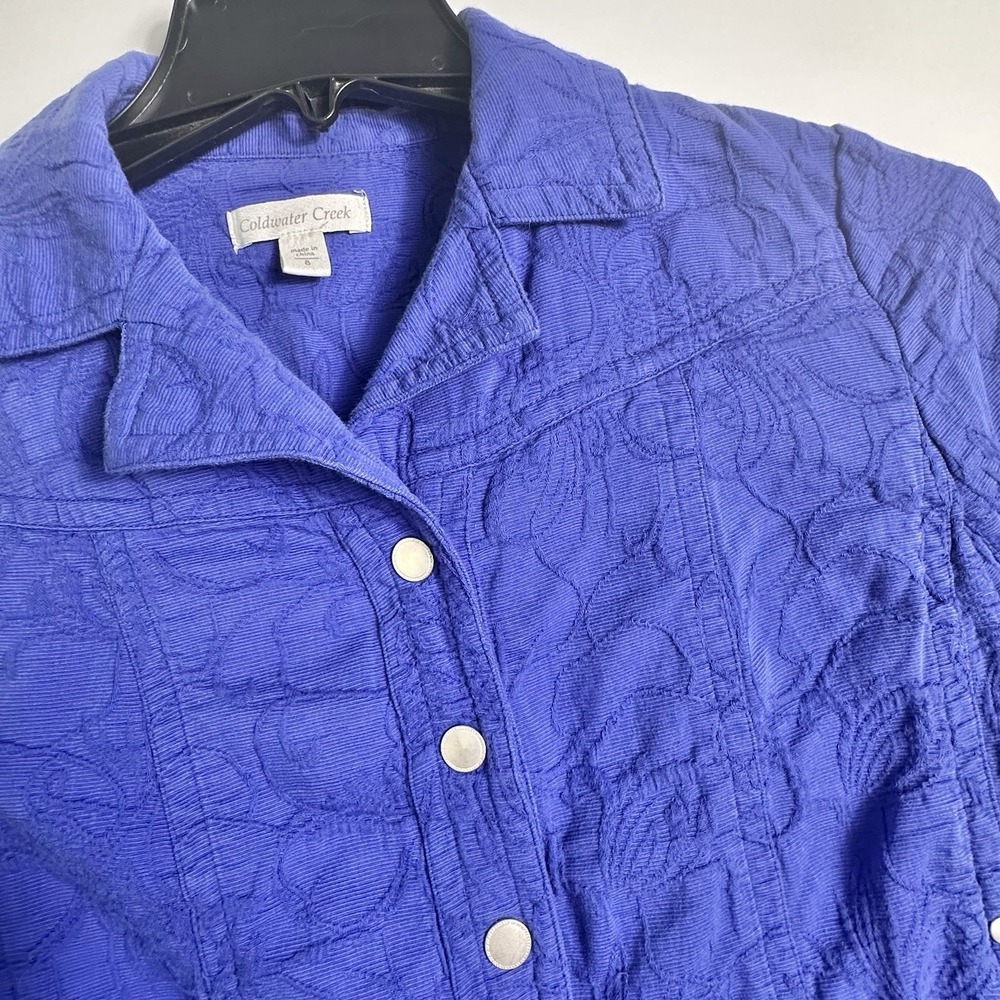 Vintage Coldwater Creek Womens Size 8 Blue Textured Jacquard Jacket Cropped Snap